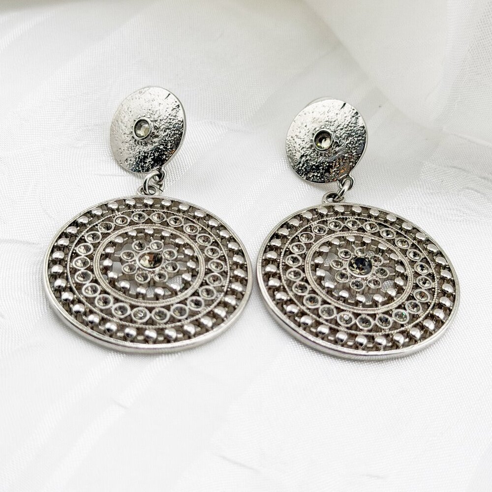 Elegant Silver-Tone Filigree Mandala Statement Earrings